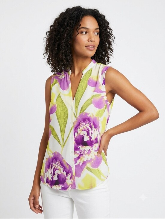 Worthington Tops - Worthington Sleeveless Blouse - Purple and Green Floral